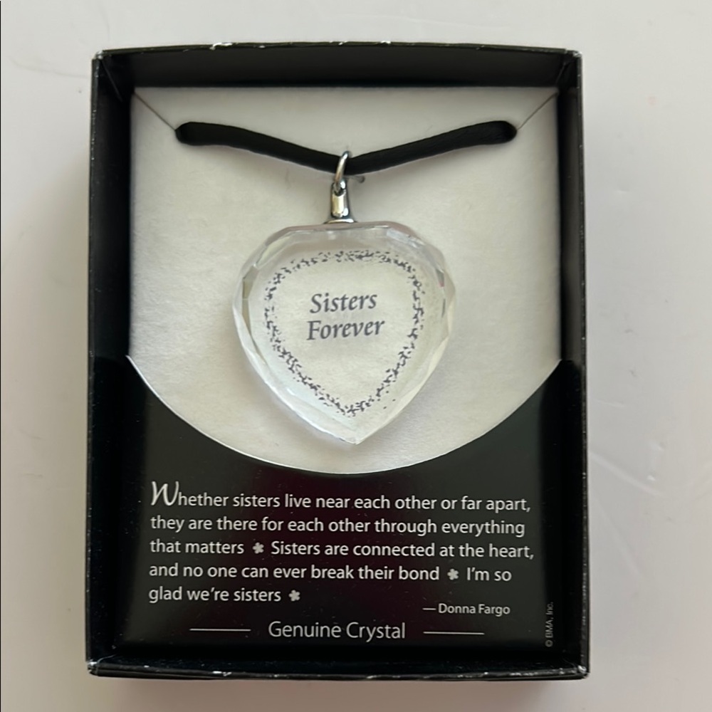 Heart-Shaped Genuine Crystal Pendant Necklace engraved 'Sisters Forever'  BOXED